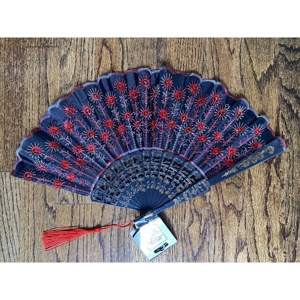 Black Red Folding Handheld Fan Sequins Masquerade Costume Party Gorgeous Fan